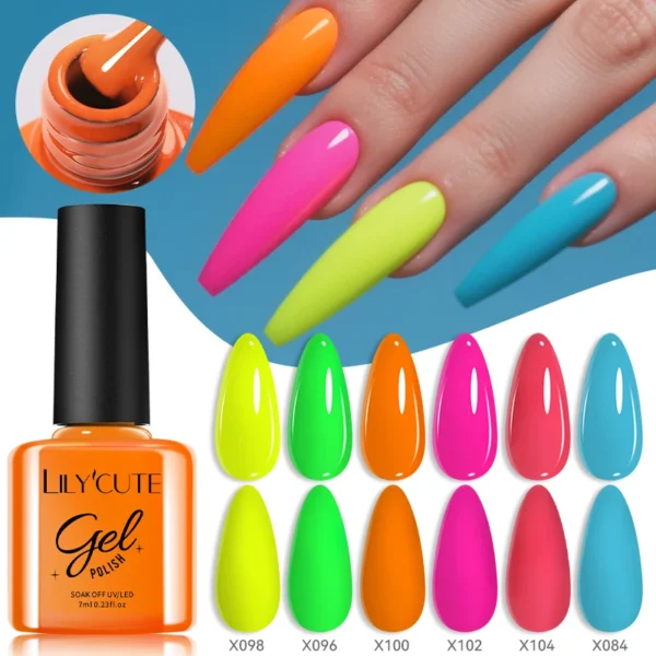 Гель лак LILYCUTE: Яскравий неоновий жовто-зелений та оранжевий для ідеального манікюру