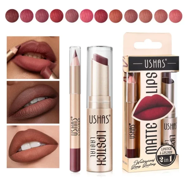 USHAS 12 Colors Lip Liner LIPSTICK Set Easy Coloring Matte Lipstick Long Lasting Nude Red Lipstick Makeup lip gloss girl makeup