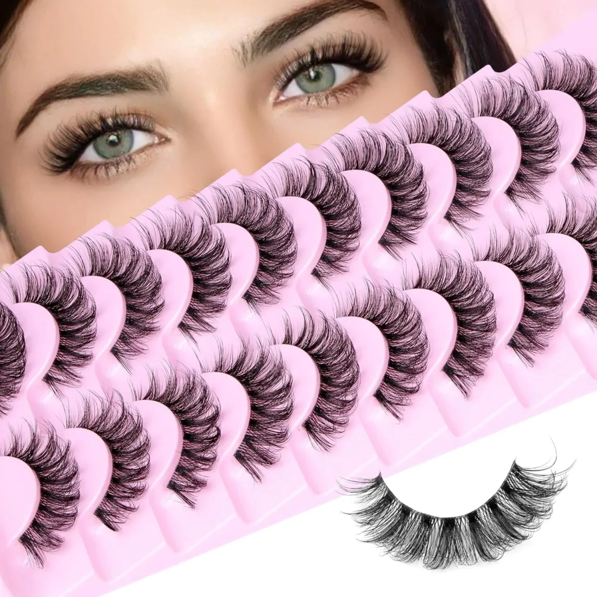 10 Pairs Natural Eyelashes Fluffy Lashes D Curl Eyelashes 3D Volume Wispy False Lashes Strips Clear Band Lashes Pack - Image 1
