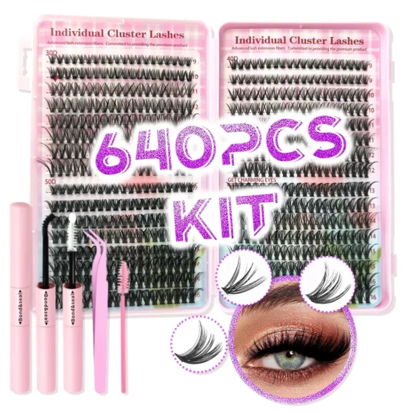 Lash Extension Kit, High-Capacity DIY Eyelash Extension Kit 304050D Lash Clusters D Curl Individual Lashes Kit with Applicators