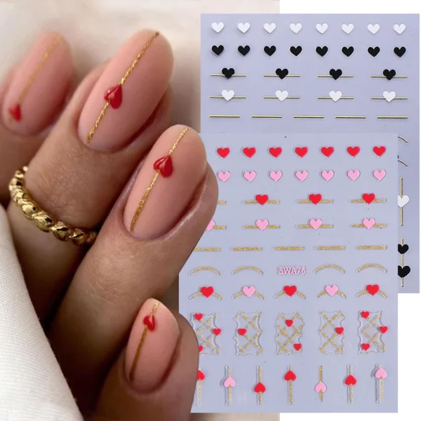 Наклейки для нігтів серця: 2pcs Black White Red Love Heart Nail Stickers