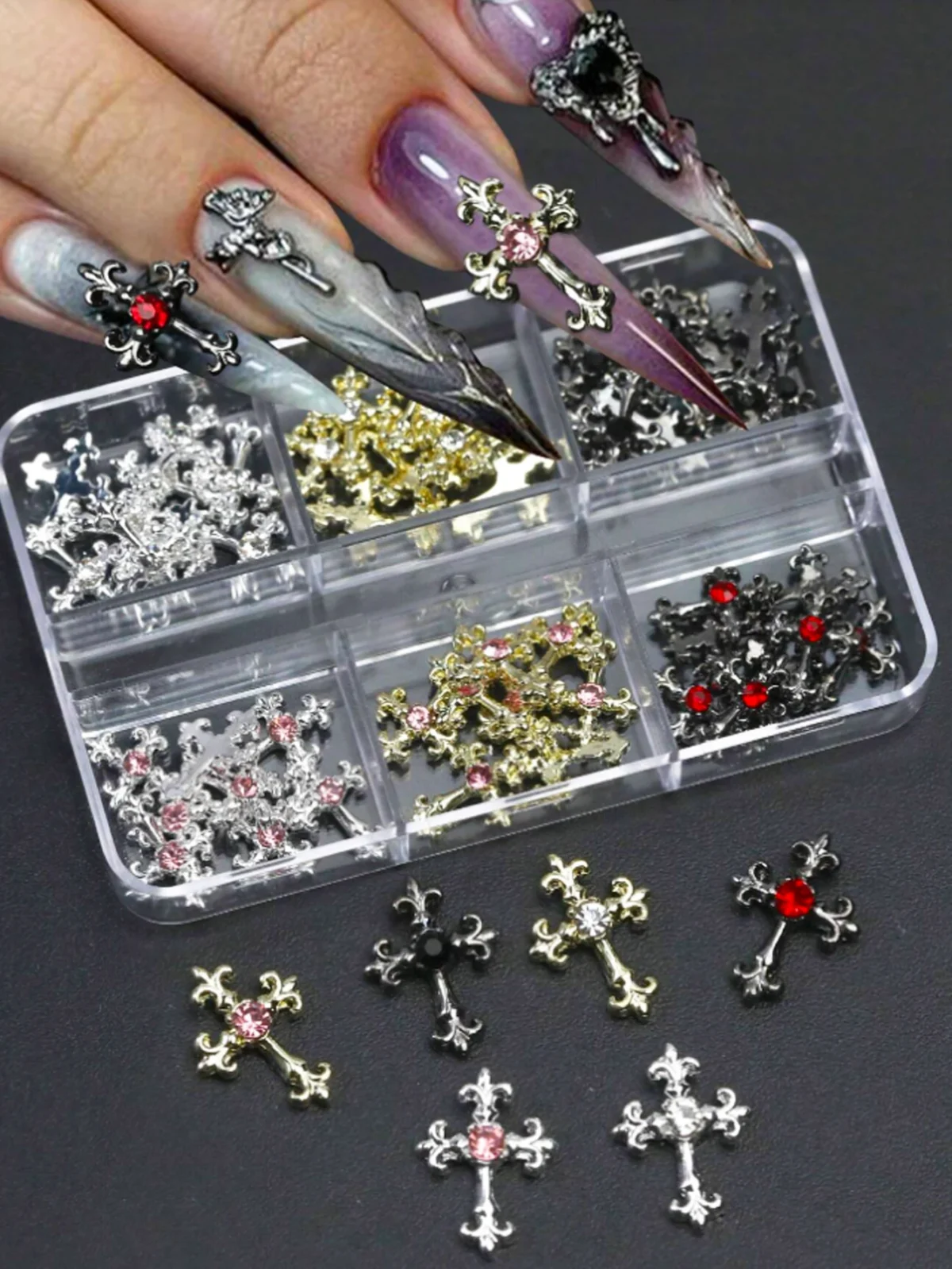 Декорація для нігтів з кристалами – 60pcs Y2K Золото, Срібло та Чорний Хрест - Зображення 2