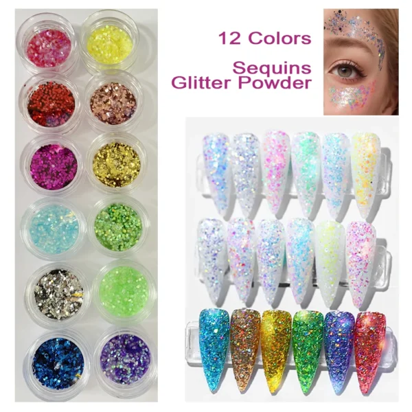 Глітеровий порошок для нігтів: 12 кольорів голографічних блискіток
