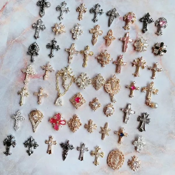 Кроси для нігтів: 10pcs/lot Luxury Pink Cross Crucifix Flower Nail Art