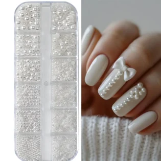 Перли для нігтів 12Grids: 3D Накладки для манікюру з білого перлів