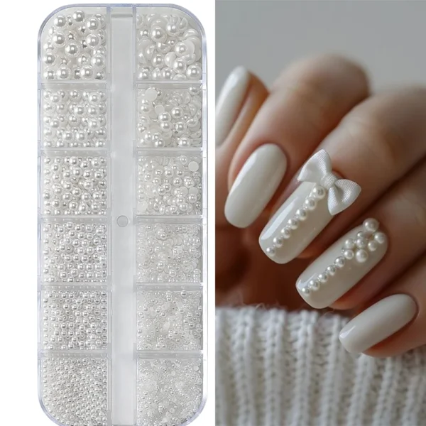 Перли для нігтів 12Grids: 3D Накладки для манікюру з білого перлів