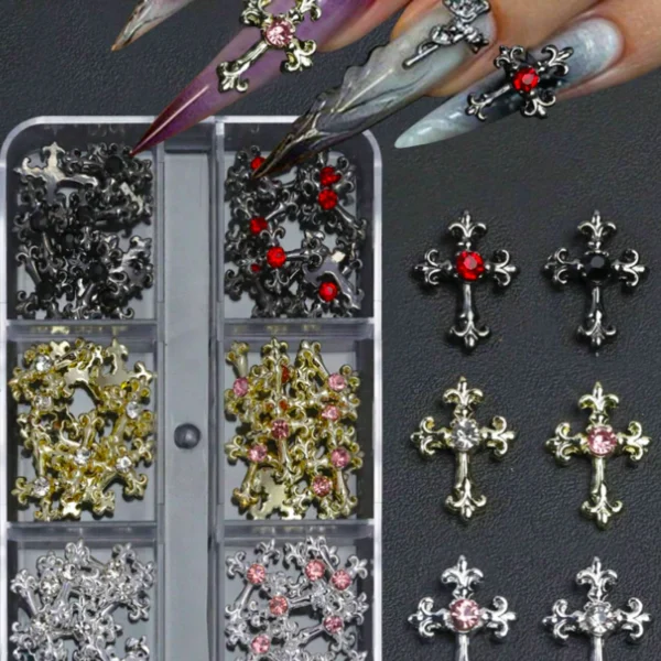 Декорація для нігтів з кристалами – 60pcs Y2K Золото, Срібло та Чорний Хрест