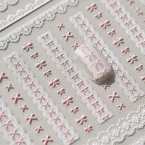 Наліпки для нігтів - 5D Relief Kawaii Lace з бантиками та сердечками