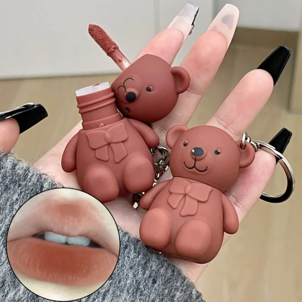 Cute Bear Keychain Matte Velvet Lip Gloss Mirror Brown Lipstick Waterproof Long Lasting Non-Stick Cup Lip Mud Korean Cosmetic